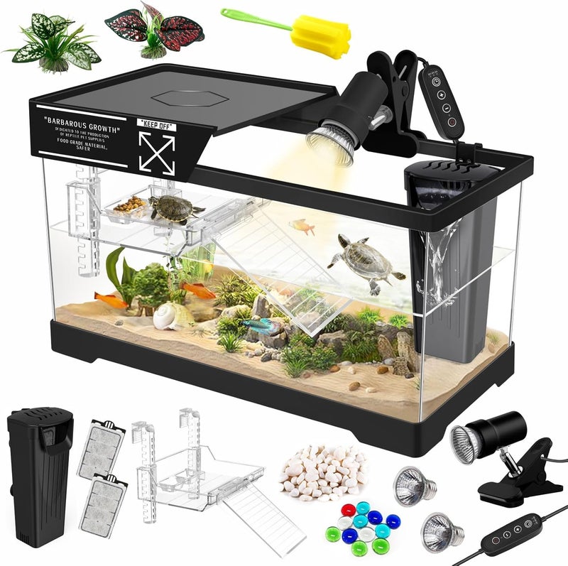 GOZILLA Aquatic Turtle Tank Kit+Lamp+Filter, Upgrade PC Turtle Tank Starter Kit with Adjustable Lamp & Filter,Reptile Habitat with Lid,Hanging Platform for Small Reptiles.(15.75×7.9×9''/Black Kit) - Image 1